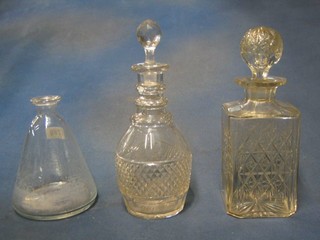 A plain waisted decanter, a ring neck cut glass decanter with non matching stopper, a square cut glass spirit decanter (chip to lip)