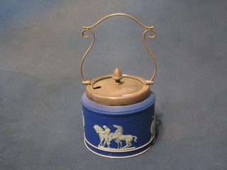 A circular Wedgwood blue Jasperware biscuit barrel with silver plated mounts (some chips to base) 4"