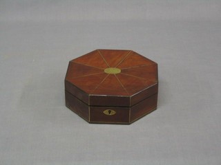A 19th Century octagonal and brass inlaid trinket box with hinged lid, 8"