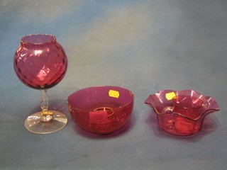 A cranberry glass finger bowl 5 1/2", a do. circular bowl, a do. custard cup, a ruby glass goblet and do. pot (5)