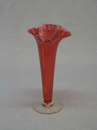 A ruby glass vase with white clear glass base 10"