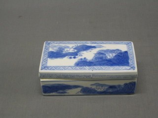 An Oriental rectangular pottery jar and cover 7", 3 Oriental blue and white plates (f and r) 9" etc