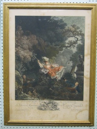 An 18th/19th Century French fashion plate "Les Hazardes Heureux de L'escarpolette" 26" x 18" (some water damage)