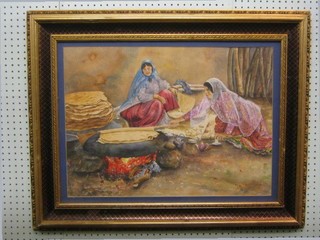 20th Century Persian School, watercolour "Two Peasant Ladies Baking Bread" 17" x 24" dated 1927