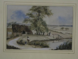 Reynolds? naive watercolour "Country Scene with Cottage and Figures" 6 1/2" x 9"