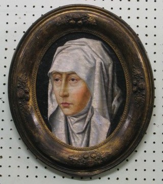 A Continental oil on board, head and shoulders portrait "Nun" 10" contained in a decorative frame