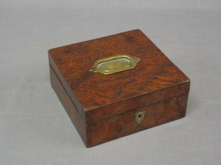 A Victorian square figured walnut trinket box with hinged lid 8"