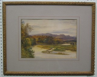 W Clarke, watercolour "Country Landscape with Hills and River in Distance" 9" x 13"