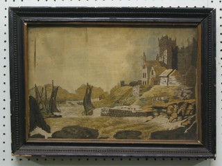 An 18th Century silk and wool work picture "Seascape with Harbour and Boats" 10" x 14" (some tears to the fabric)
