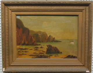 19th Century oil painting on canvas "Seascape with Bay and Fishing Boat in the Distance" 12" x 16" indistinctly signed and dated 1892 (tear to canvas)