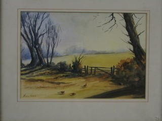 Nancy Cooper, 20th Century watercolour drawing "Field with Gate and Cock Pheasants" 9" x 13"