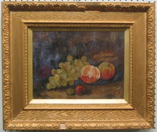 E A Smith, oil painting "Still Life Grapes, Apple and Orange" 9" x 11" contained in a gilt frame