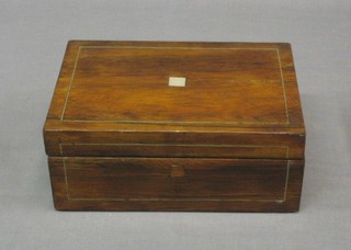 A Victorian rectangular rosewood trinket box with mother of pearl stringing and hinged lid 10"