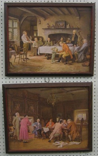 A pair of coloured prints "Interior Scenes with Figures" contained in oak frames 13" x 17"