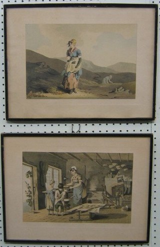 A pair of 18th Century coloured prints "Moorland Scene with Figure and Kitchen Scene with Lady and Two Children" 8" x 12"