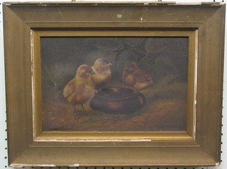 Oil painting on canvas "Three Chicks Watering" 8" x 12" contained in a gilt frame