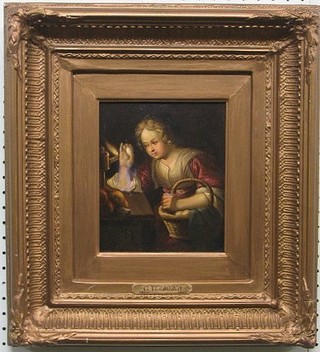 18th Century Continental oil painting on board "Figure Examining Eggs" contained in a gilt frame marked G Treborch 8" x 6"