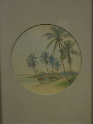 Fouriqur Faldjetissidi, watercolour "Rio De Janeiro? Bay with Buildings, Beach and Palm Trees"  7" circular