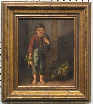 C Winter?, Continental oil painting on board "Young Boy with Parsnips and Basket of Fruit" 7" x 6 1/2"