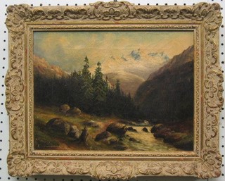 Oil painting on canvas "Alpine Scene with River and Trees" 9" x 11" indistinctly signed