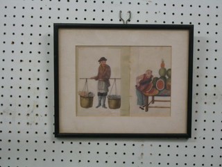 A pair of 19th Century Oriental watercolours on rice paper "Market Vendors" 6" x 3"