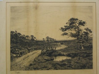 Fred Slocombe, an engraving "Country Scene with Lane and Bridge" 15" x 20" with blind proof mark to the margin (some light damage both to subject and mount)