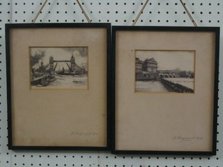 An etching "Tower Bridge London" and 1 other "The Smetanovo Museum" 4" x 5" 