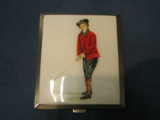 A "silver" cigarette case, the lid with later panel decorated a golfer