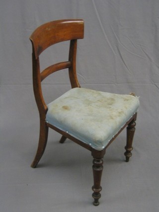 A Georgian mahogany bar back dining chair with straight mid rail and upholstered seat, raised on turned supports