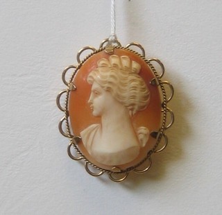 A lady's shell carved cameo portrait brooch contained in a gold brooch mount