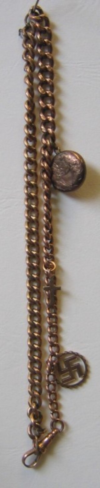 A 9ct curb link watch chain hung a Swastika medallion, a cross and a locket 15" (f)