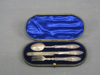 An Edwardian silver 3 piece christening set comprising knife, fork and spoon, Birmingham 1905, cased
