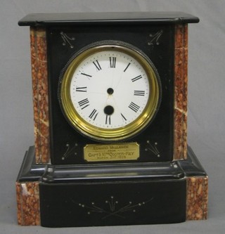 A Victorian pink and black veined marble clock case with  enamelled dial (cracked)