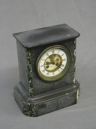 A Victorian 8 day striking mantel clock with porcelain dial, visible escapement and Roman numerals contained in a 2 colour marble case