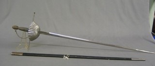 A reproduction 17th Century double edged sword with 37" blade and basket hilt contained in a leather scabbard