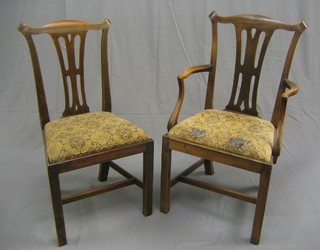 A set of 6 oak County Chippendale splat back dining chairs with upholstered drop in seats  (1 carver, 5 standard)