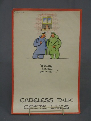 A WWII propaganda poster "Careless Talk Costs Lives", a sailor and a soldier talking beneath an open window - "Strictly Between You and Me ...." 12" x 8"