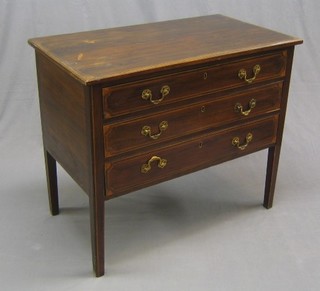 A 19th Century inlaid mahogany chest of 3 long drawers with brass swan neck drop handles, raised on square tapering supports
