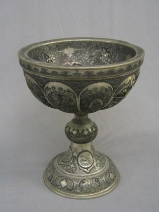 A large and impressive Eastern engraved metal goblet shaped urn with liner 14"