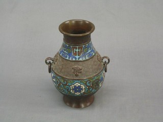 A 19th Century Oriental bronze and cloisonne enamelled twin handled urn with ring drop handles 8"