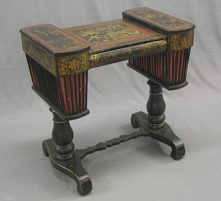 A 19th Century black lacquered work table, the centre section with hinged lid fitted a reading slide, having 2 baskets to the side, with black chinoiserie decoration 27"
