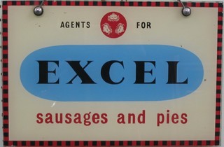 An Excel Sausages and Pies, glass advertising sign 8" x 12"