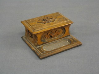A Victorian carved wood match or stamp box with hinged lid 4"