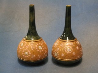 A pair of Royal Doulton green glazed bottle specimen shaped vases, bases impressed Royal Doulton 6998 BB3 8" (1 with slight firing marks)