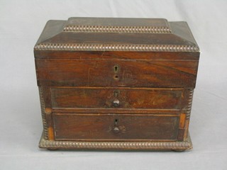 A Victorian mahogany sarcophagus shaped trinket box with hinged lid, fitted various compartments and the base fitted 2 drawers, 14"