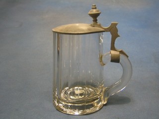 A Victorian Continental faceted glass beerstein with pewter lid, monogrammed and engraved 1899
