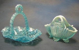 A Victorian blue pressed glass basket 8" and 1 other
