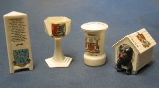 A Goss model of William Rufus's memorial decorated the Arms of Lulworth and a model of an ancient salt cellar in Canterbury Museum decorated Arms of Hastings, a Longton china crested figure of a dog in a kennel Black Watch, and a post box decorated Arms of Nottingham (4)