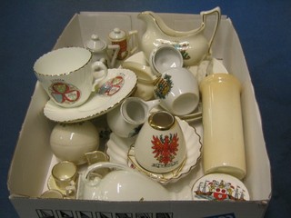 2 circular crested porcelain plates, 2 crested pottery coffee pot, do. teapot, cream jug, a twin handled sugar bowl, cup and saucer and 2 miniature tea cups decorated Royal Coat of Arms and 13 other crested items
