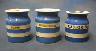 3 circular Cornish storage jars - Castor Sugar, Flour and Plain Flour (all damaged)